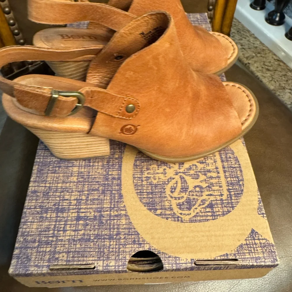 Born Tan Leather Peep-Toe Sandals - Picture 2 of 8